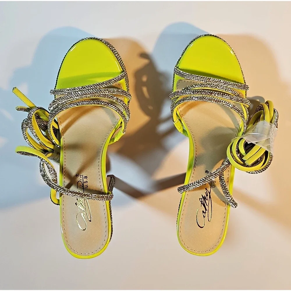DDK Lime/Silver Synthetic Strappy Platform Stiletto Heel Ankle Strap 7